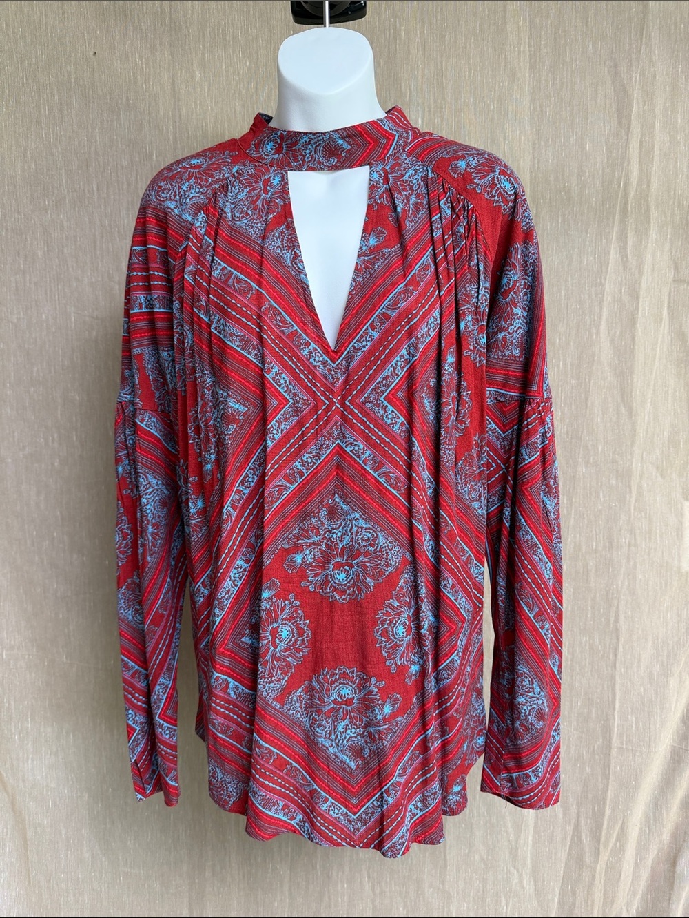 Free People Red Paisley Keyhole Tunic Top